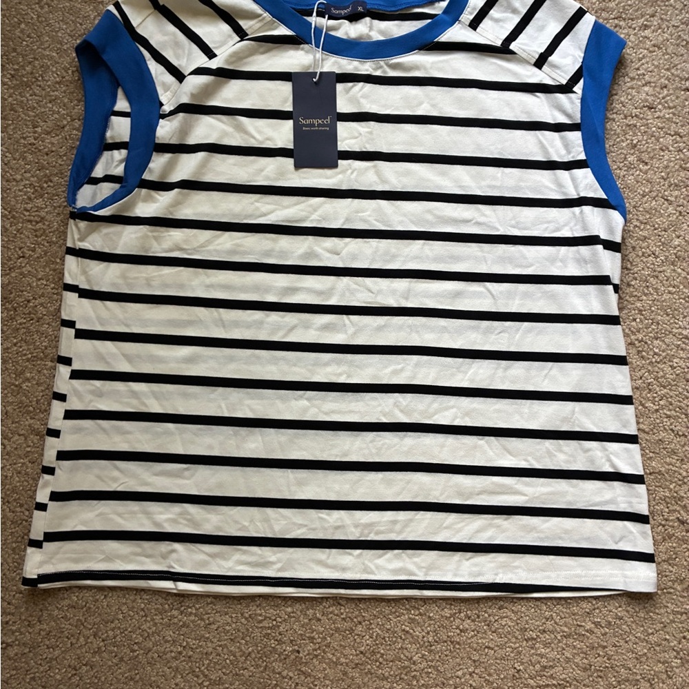 NWT Sampeel Black and White Striped Muscle Tee with Blue Trim